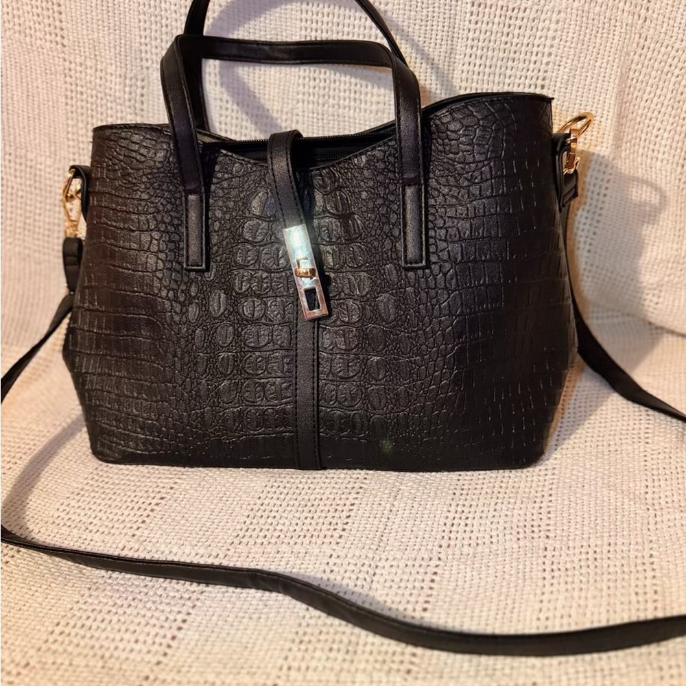 Elegant Black Crocodile-Embossed Handbag